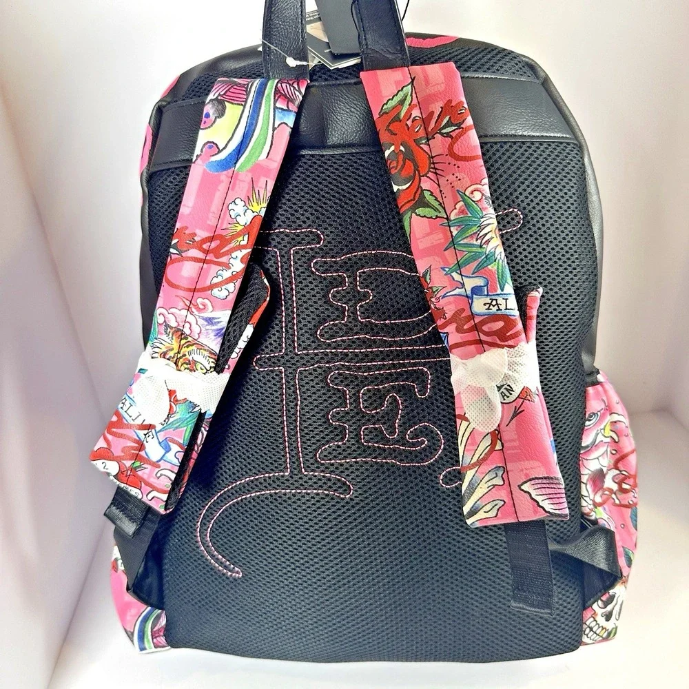 Ed Hardy Pink Multi Backpack Love Kills Slowly Skull Tattoo Rhinestone Y2K NWT